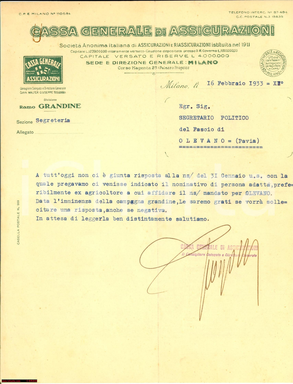 Documento originale, autentico 1933 Olevano, Cassa Generale di Assicurazioni, Tosgobbi 1