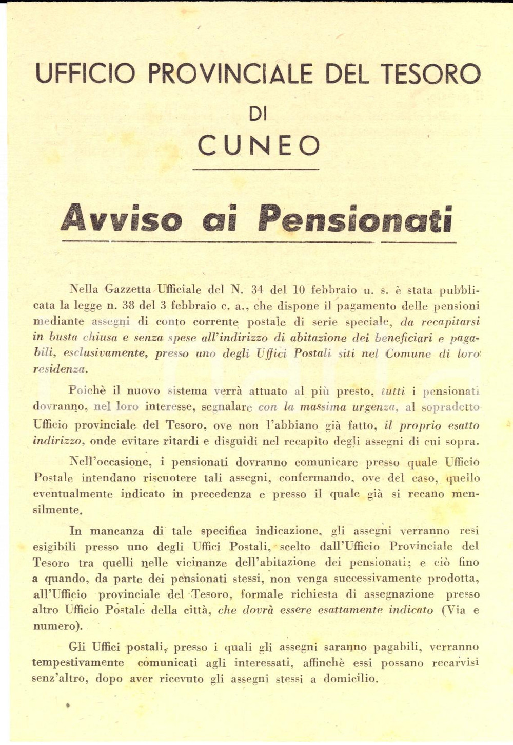Documento originale, autentico 1951 CUNEO Ufficio del Tesoro -  Legge sul pagamento delle pensioni *Volantino 1