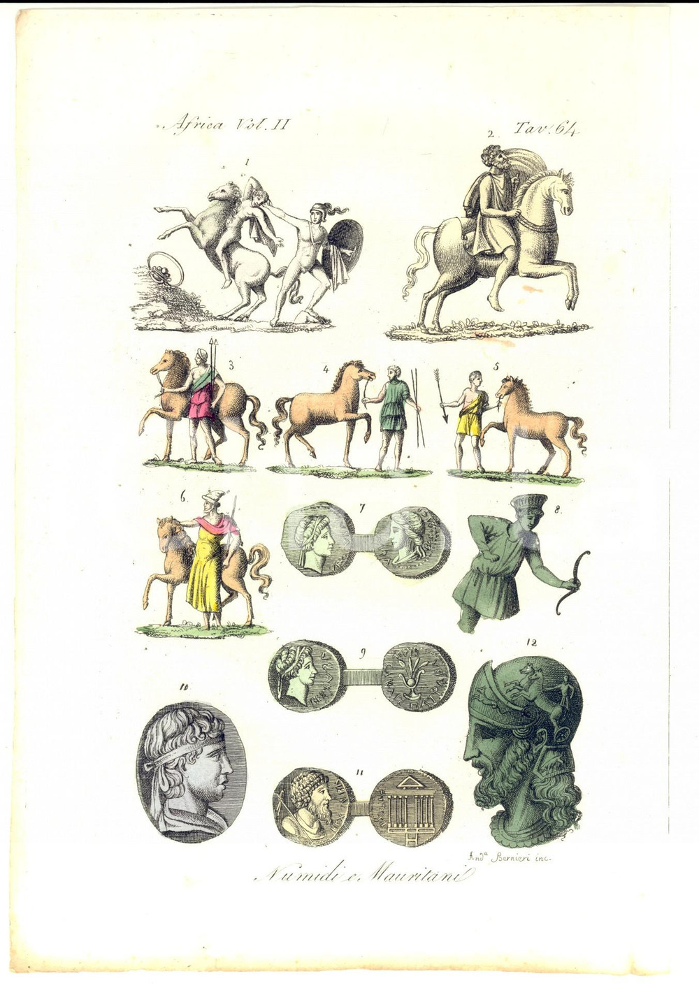Stampa, bozzetto originale 1823 COSTUMI AFRICA Numidi e Mauritani Inc. BERNIERI Stampa colorata a mano 1