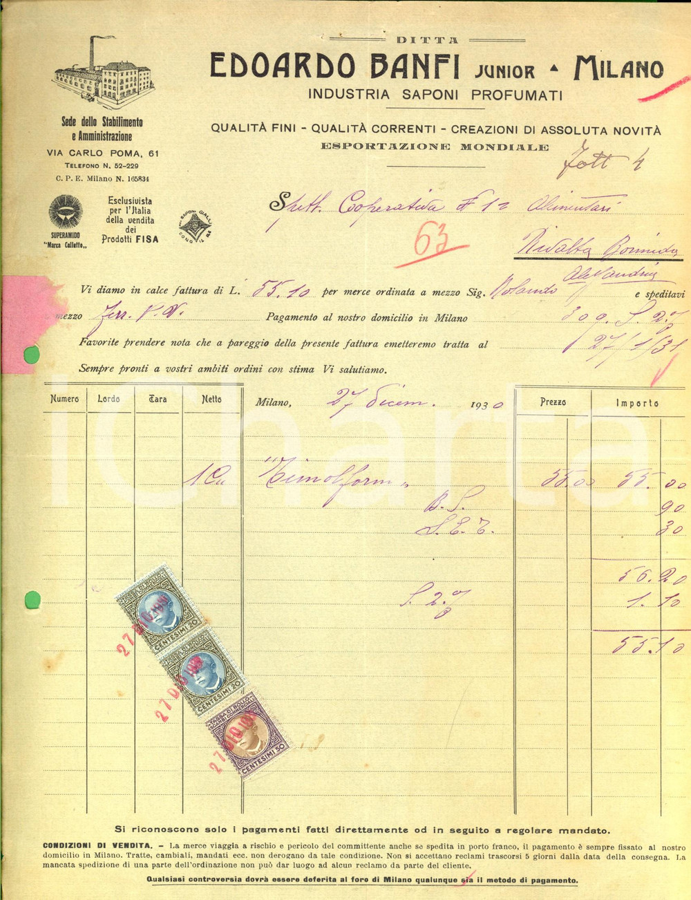 Documento originale, autentico 1930 MILANO Via Poma 61 Ditta Edoardo BANFI Junior  Saponi profumati Fattura 1
