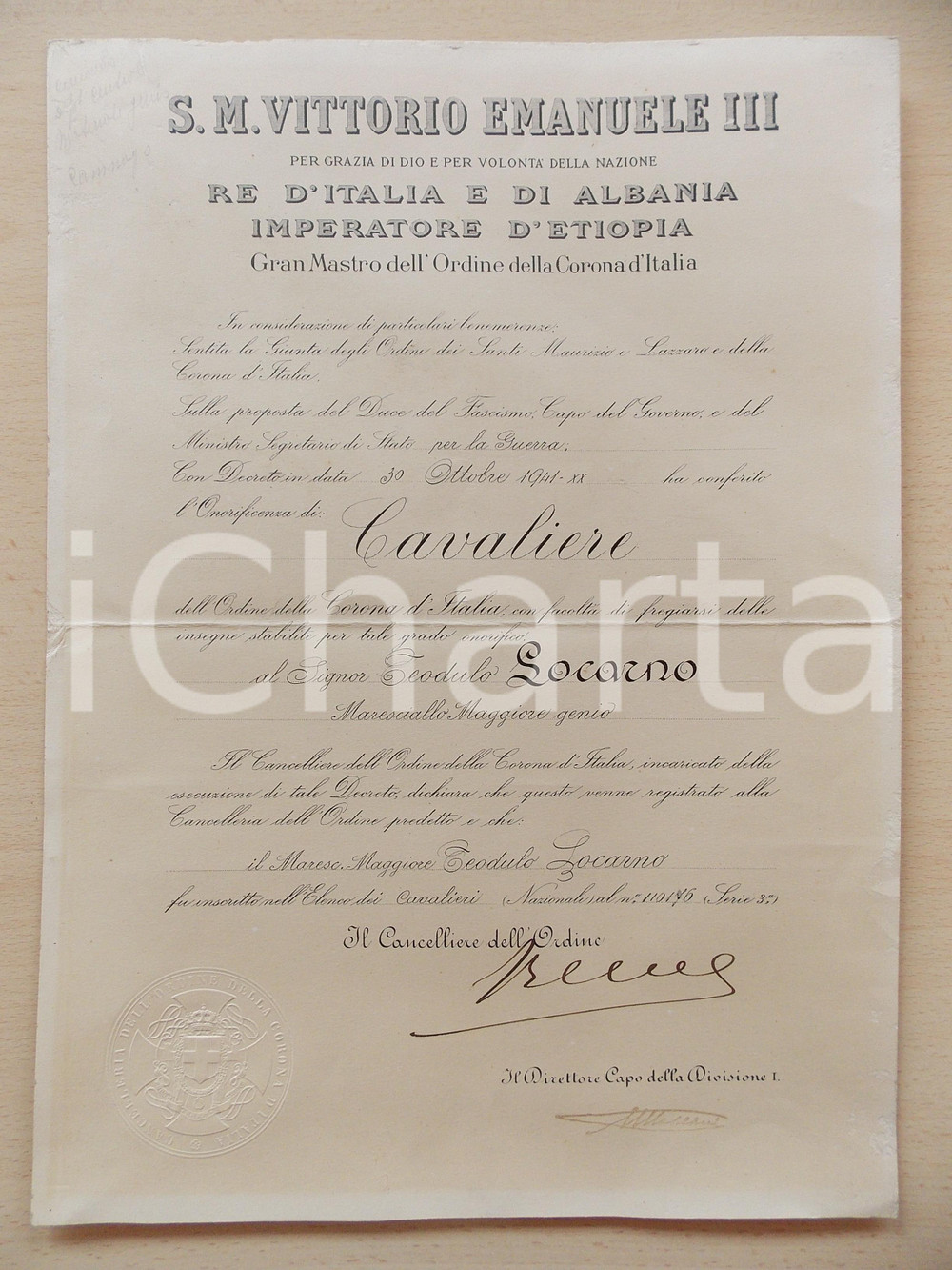 Documento originale, autentico 1941 ROMA Paolo THAON DI REVEL Ordine Corona d Italia Decreto AUTOGRAFO 1