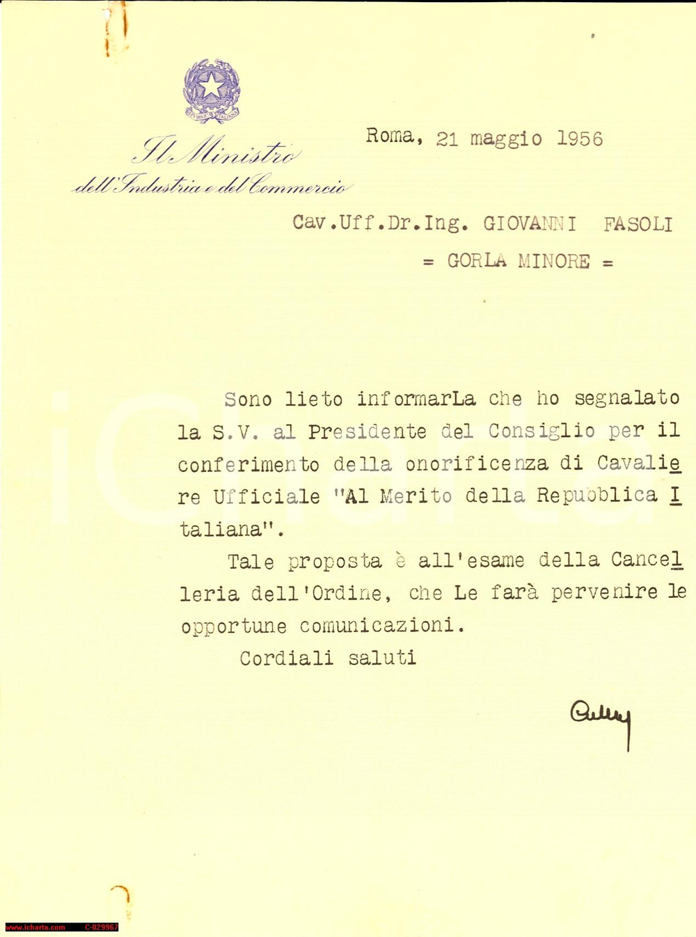 Autografo originale 1956 ROMA Ministro Guido CORTESE Lettera con autografo 1