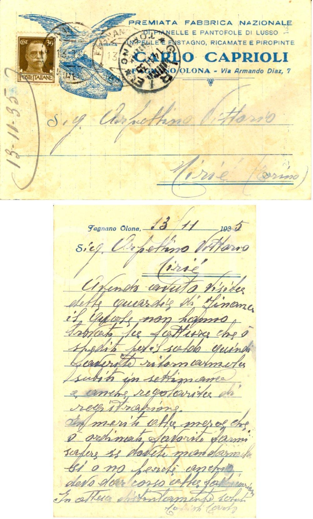 Cartolina originale da collezione 1935 FAGNANO OLONA VA Fabbrica Carlo CAPRIOLI richiesta fatture Autografo FP 1