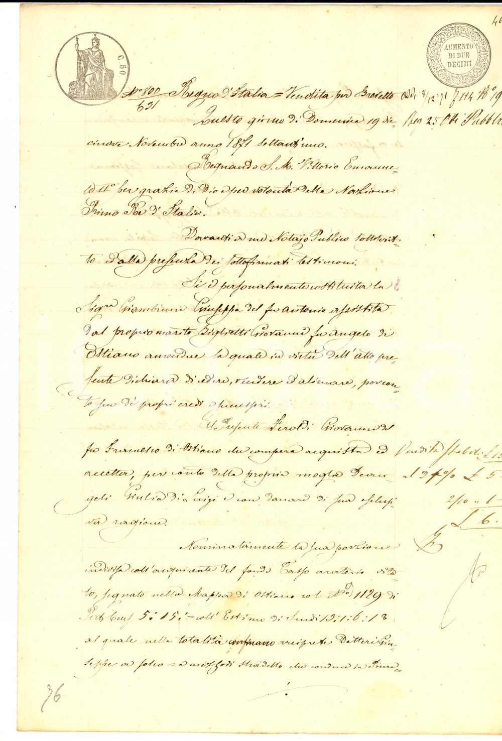 Documento originale, autentico 1871 OSTIANO CR Giuseppa GIAMBRUNI vende parte fondo TASSO a Giovanni FEROLDI 1