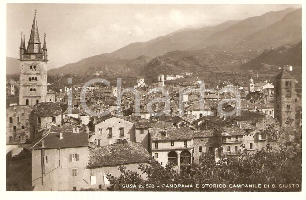 Cartolina originale da collezione 1943 SUSA (TO) Panorama con Campanile di SAN GIUSTO *Cartolina FP NV 1