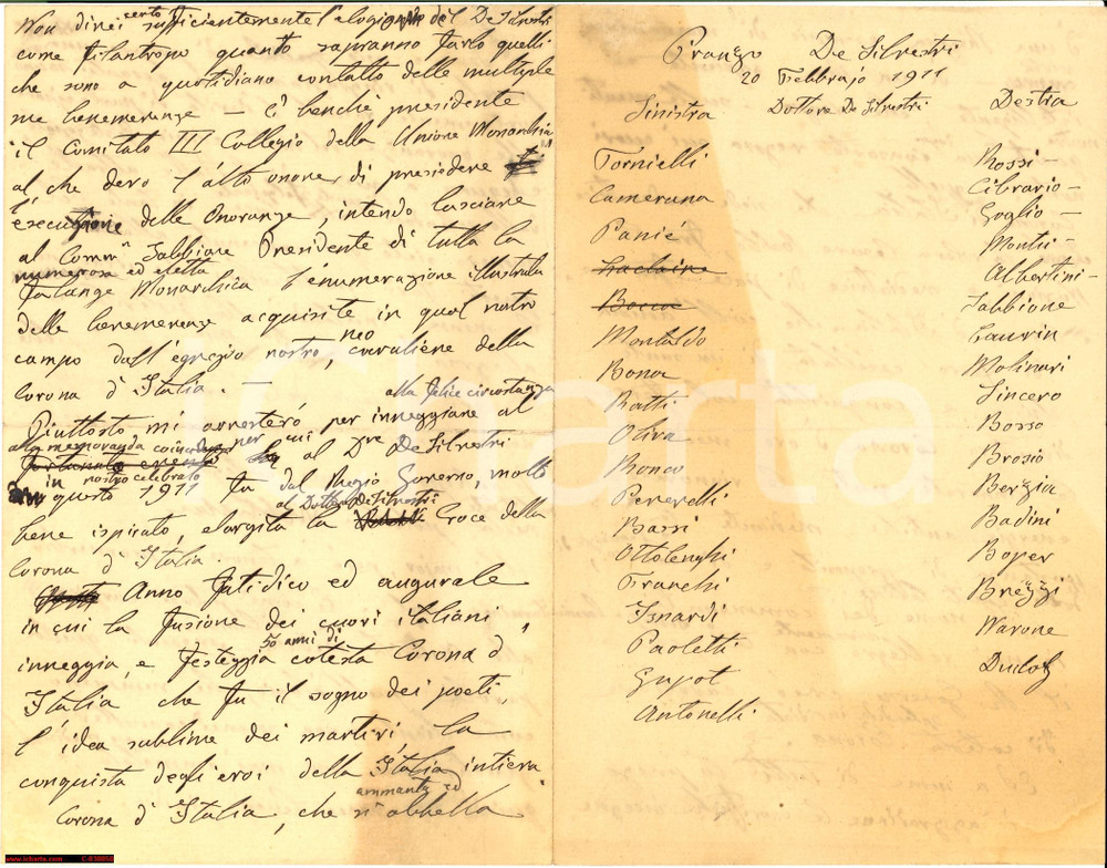 Documento originale, autentico 1911 UNIONE MONARCHICA Pranzo e discorso DE SILVESTRI cav. Corona d Italia 1