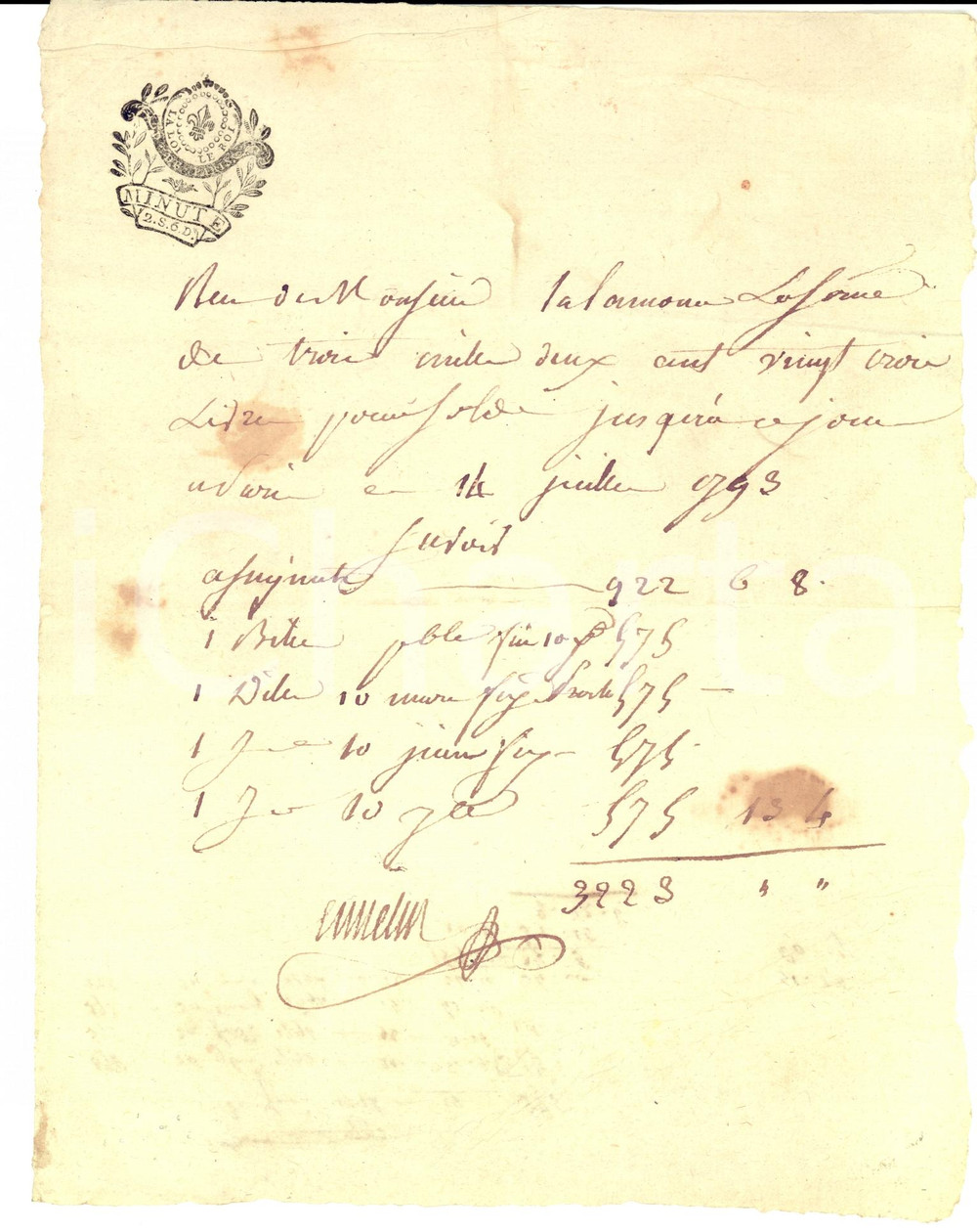 Documento originale, autentico 1793 PARIS Ricevuta società  AMELIN & Cie per rate cambiale Carta bollata 1