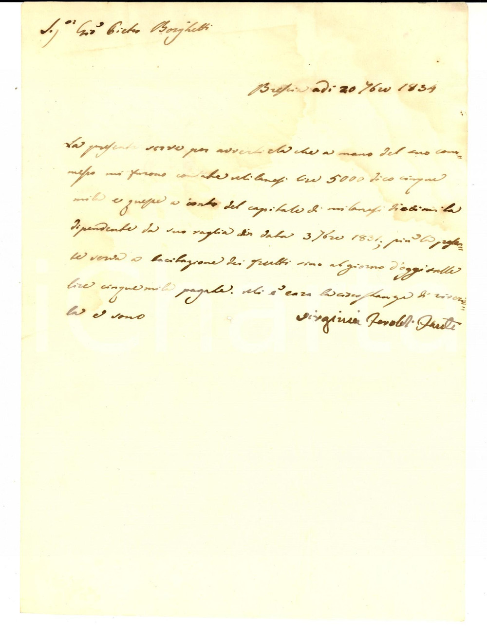 Documento originale, autentico 1834 BRESCIA Virginia FEROLDI FANTI riceve interessi sul capitale Documento 1