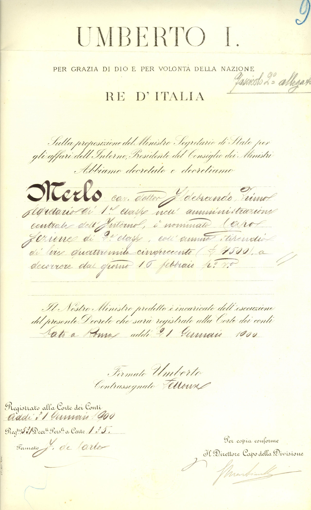 Documento originale, autentico 1900 ROMA REGNO D'ITALIA Ildebrando MERLO nominato capo sezione *Decreto 1