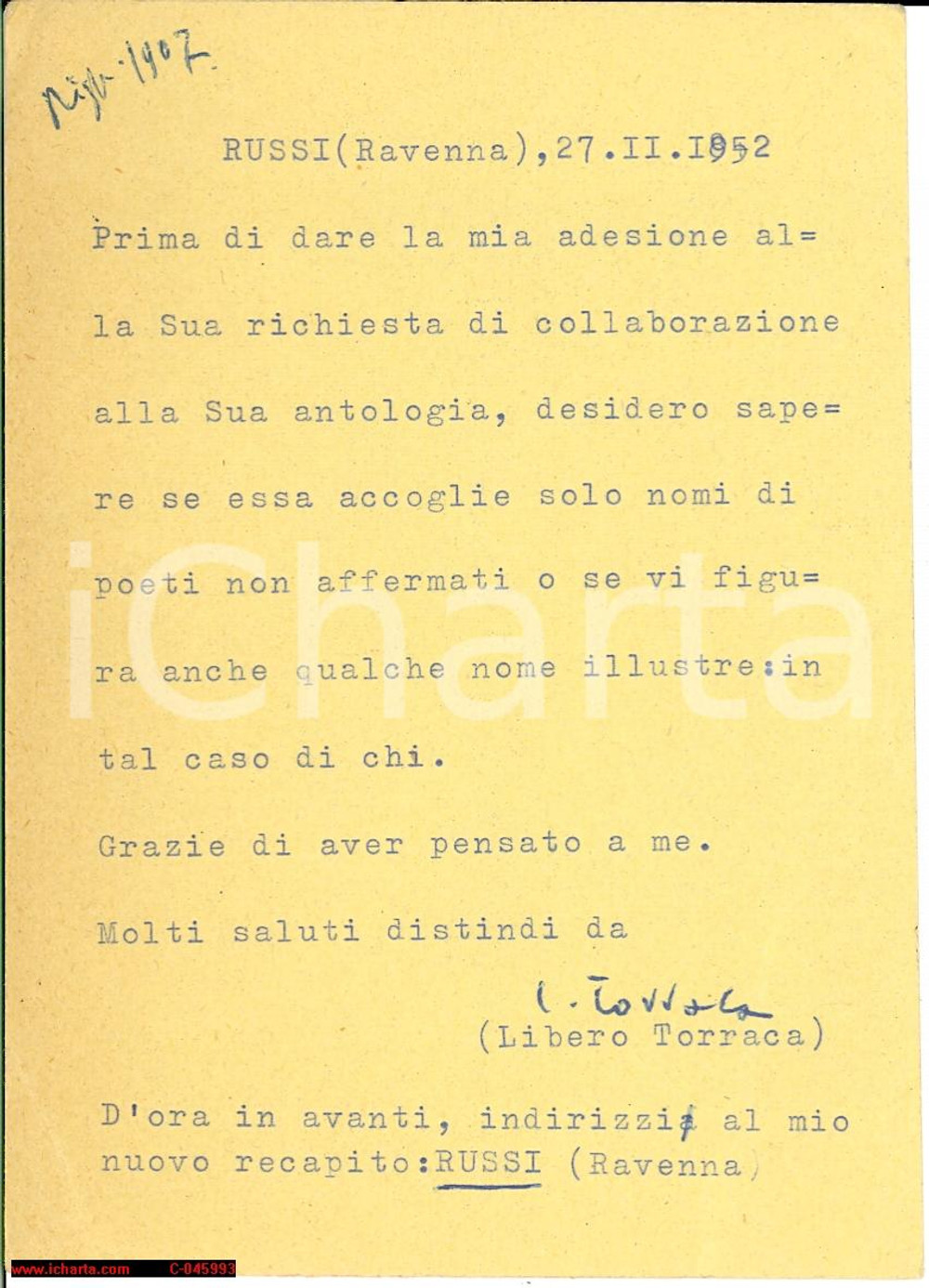 Autografo originale 1952 RUSSI (RA) Libero TORRACA collabora a un'antologia 1
