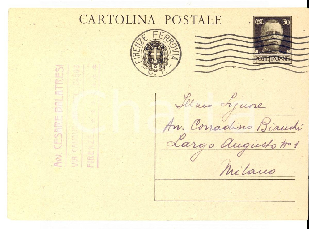 Autografo originale 1937 FIRENZE Avv. Cesare BALATRESI al collega Corradino BIANCHI AUTOGRAFO FG VG 1
