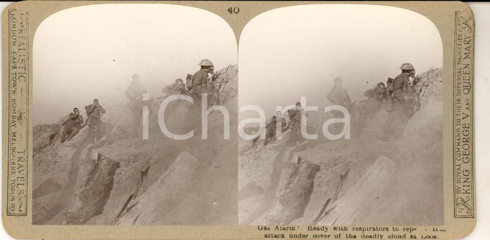 Fotografia d epoca originale 1918 WW1 THE GREAT WAR LOOS Gas alarm! Ready with respirators Stereoscopic n°40 1
