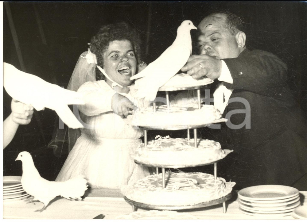 1959 NAPOLI CIRCO Nozze dei nani Mario BOLZANELLA e Lina TRAVERSO *Foto Fotografia d'epoca, corredata da didascalia dattiloscritta coeva al verso.  FORMATO: 18x13 cm  CONDIZIONI: G     originale e autentica 1