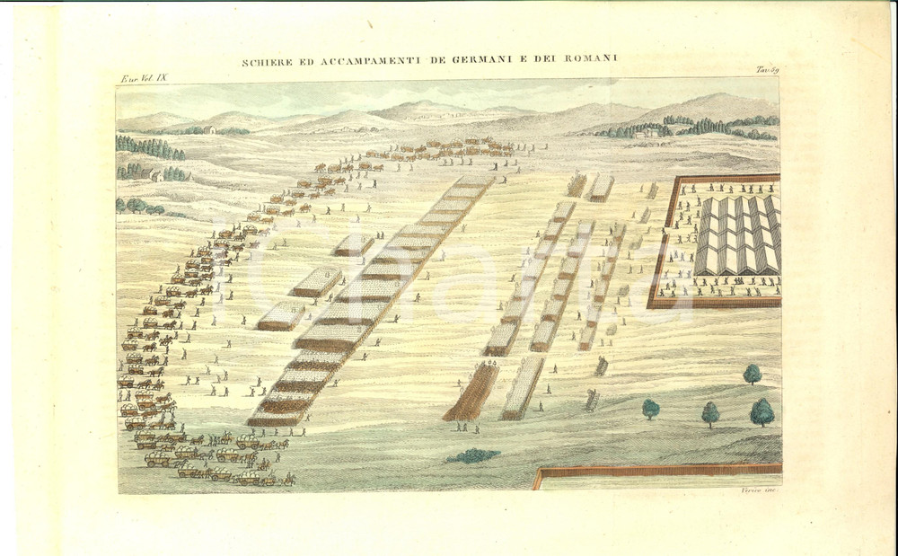Stampa, bozzetto originale 1830 ca COSTUME EUROPEO Accampamenti dei Germani e dei Romani Inc. VERICO 1