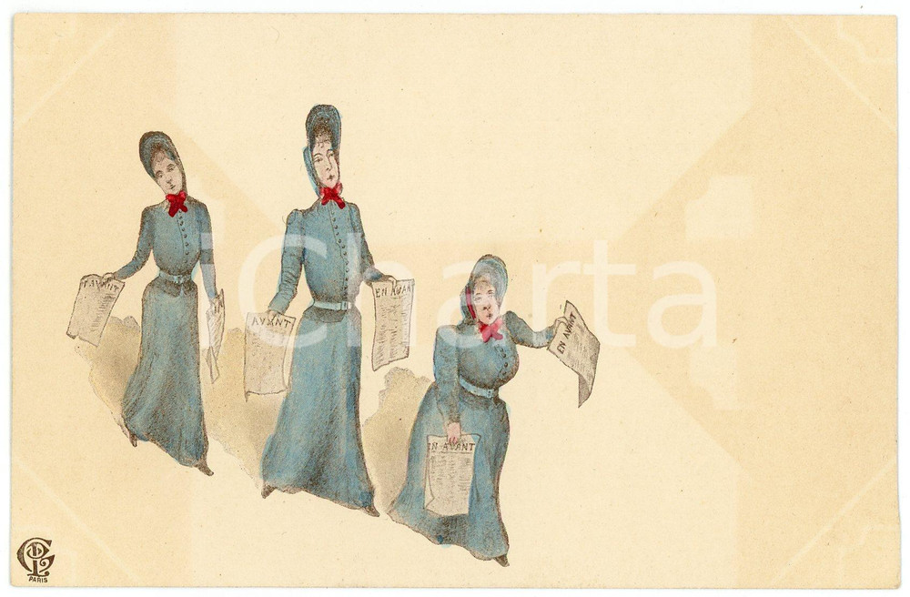 1900 ca HUMOUR Three women selling EN AVANT newspaper ILLUSTRATED Postcard FP NV  Cartolina postale d'epoca, non viaggiata.CONDIZIONI: FAIR (aloni diffusi)FORMATO: FP    originale e autentica 1