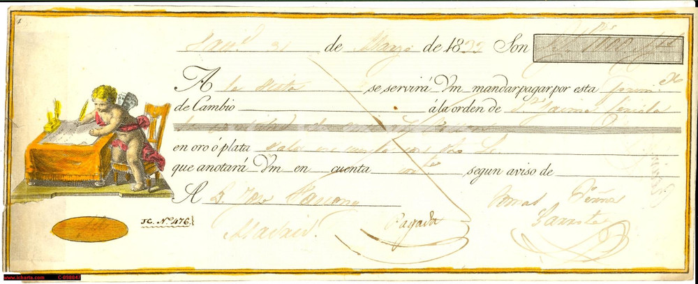 Oggetto da collezione cartaceo 1837 MADRID Cambiale con miniatura colorata a mano RARA 1