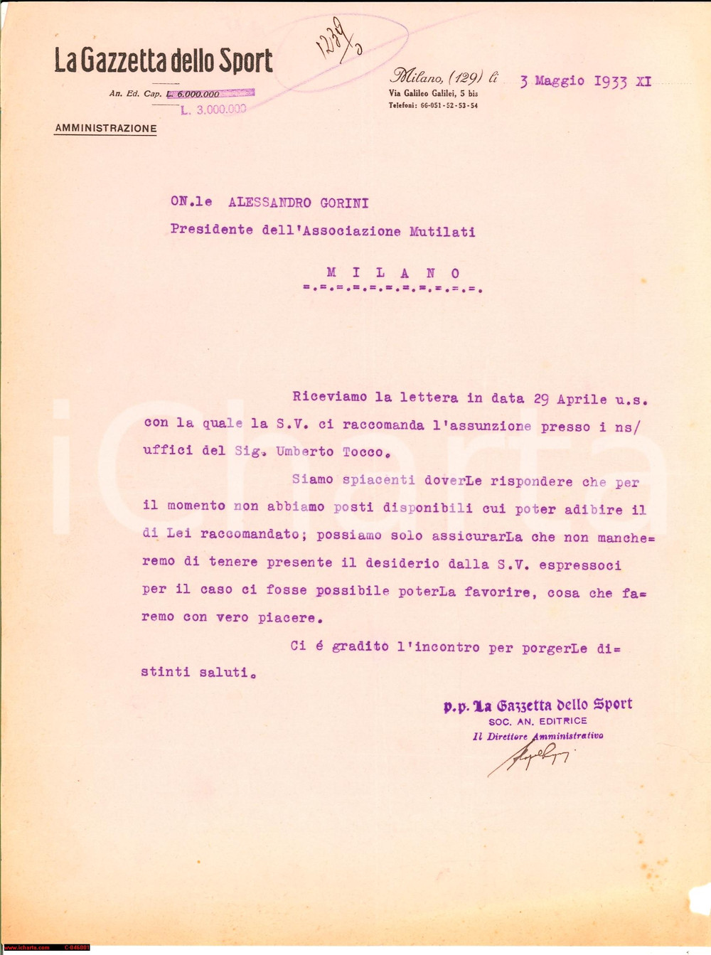 Manoscritto, lettera originale 1933 MILANO GAZZETTA DELLO SPORT rifiuta raccomandato 1