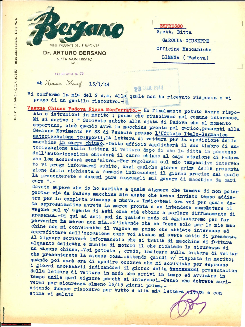 Documento originale, autentico 1944 NIZZA MONFERRATO AT Arturo BERSANO vagone chiuso 1