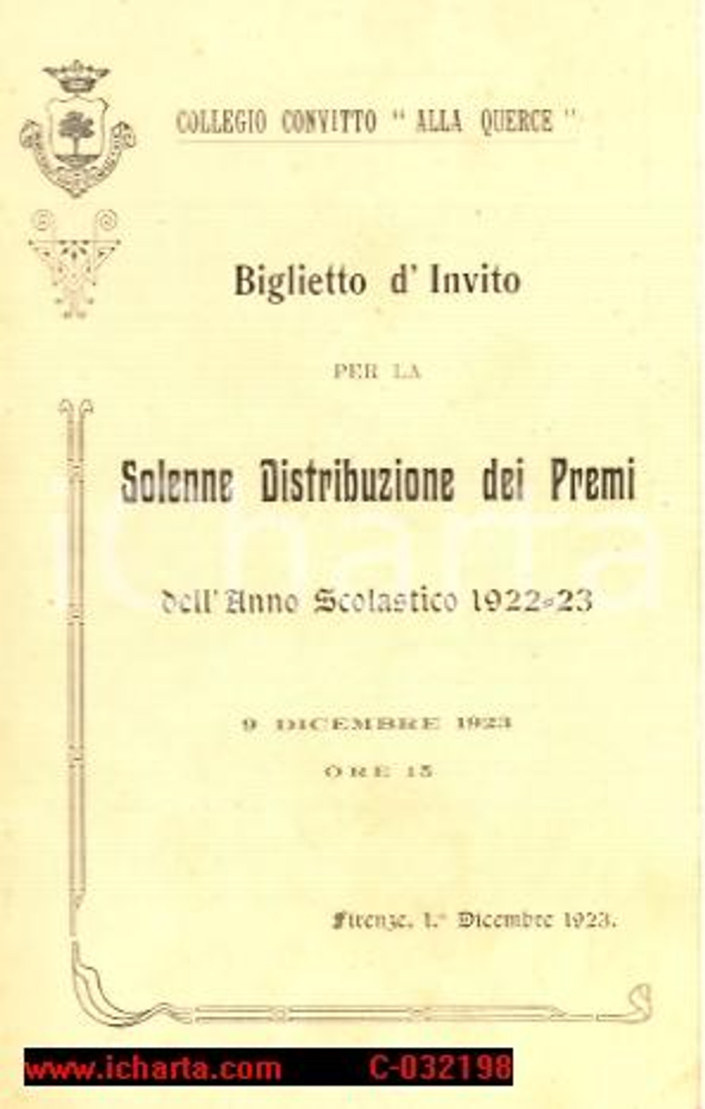 Oggetto da collezione cartaceo 1923 COLLEGIO CONVITTO ALLA QUERCE FIRENZE invito cerimonia premi 1