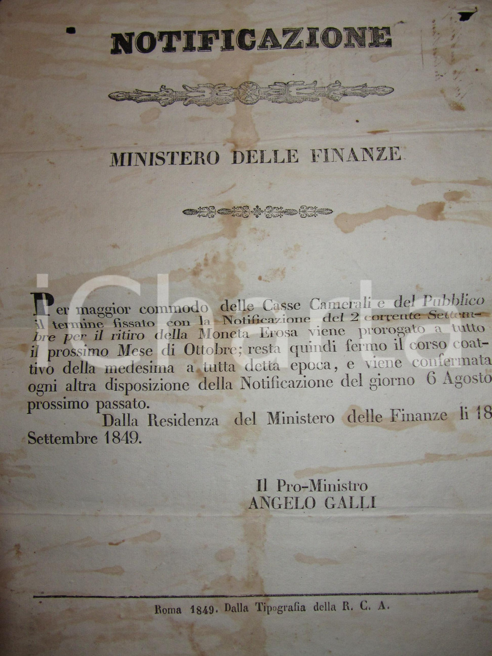 Documento originale, autentico 1849 STATO PONTIFICIO ROMA Ritiro della moneta erosa dal corso *Manifesto 1