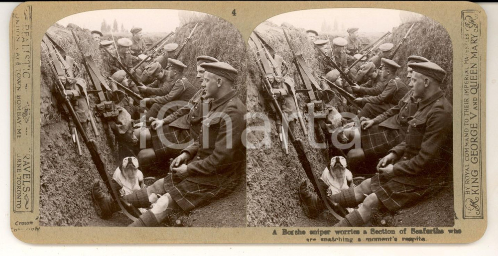 Fotografia d epoca originale 1918 WW1 THE GREAT WAR Bosche sniper worries section of  Seaforths Stereoscopic 1