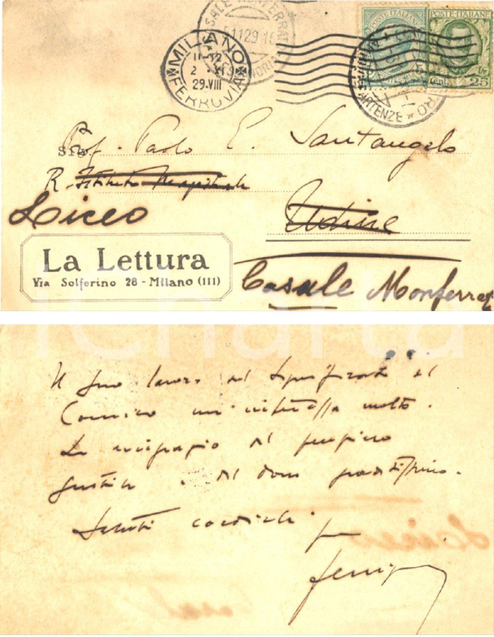 Autografo originale 1926 MILANO LA LETTURA Direttore Mario FERRIGNI ringrazia per libro Autografo 1