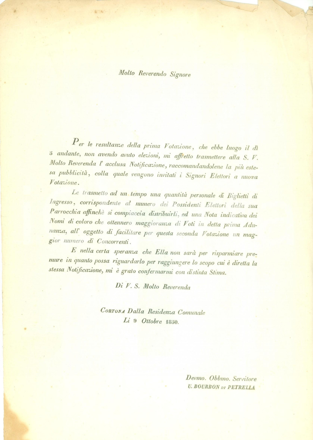 Documento originale, autentico 1850 CORTONA AR Ugolino BOURBON DI PETRELLA invia biglietti per l elezione 1