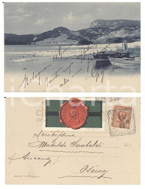 Cartolina originale da collezione 1905 PAESAGGI Lago con barche Cartolina con bollo 57° Reggimento Fanteria 1
