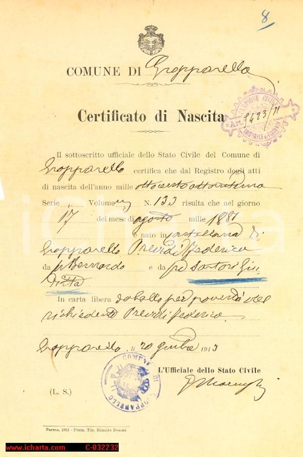 Documento originale, autentico 1913 CASTELLANA DI GROPPARELLO Certificato nascita 1