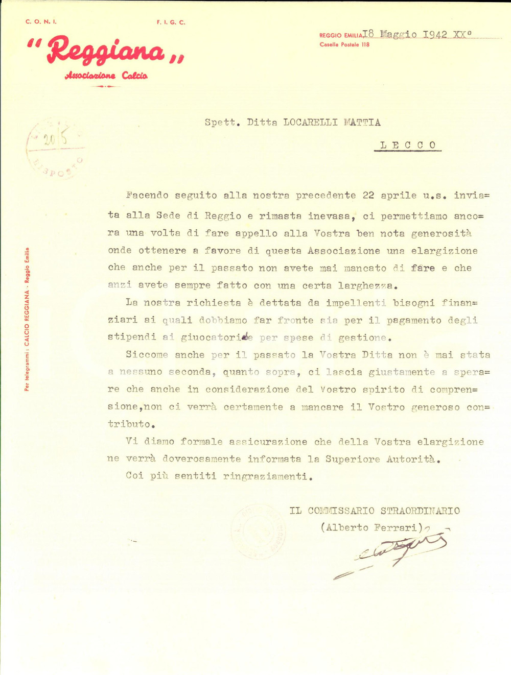 Manoscritto, lettera originale 1942 REGGIO EMILIA Associaz. CALCIO REGGIANA Alberto FERRARI aiuto per stipendi 1