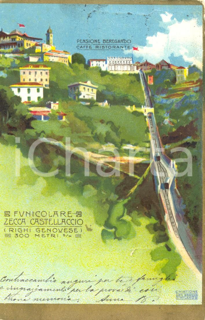 Cartolina originale da collezione 1902 GENOVA RIGHI Funicolare ZECCA CASTELLACCIO con Pensione BEREGARDO FP VG 1