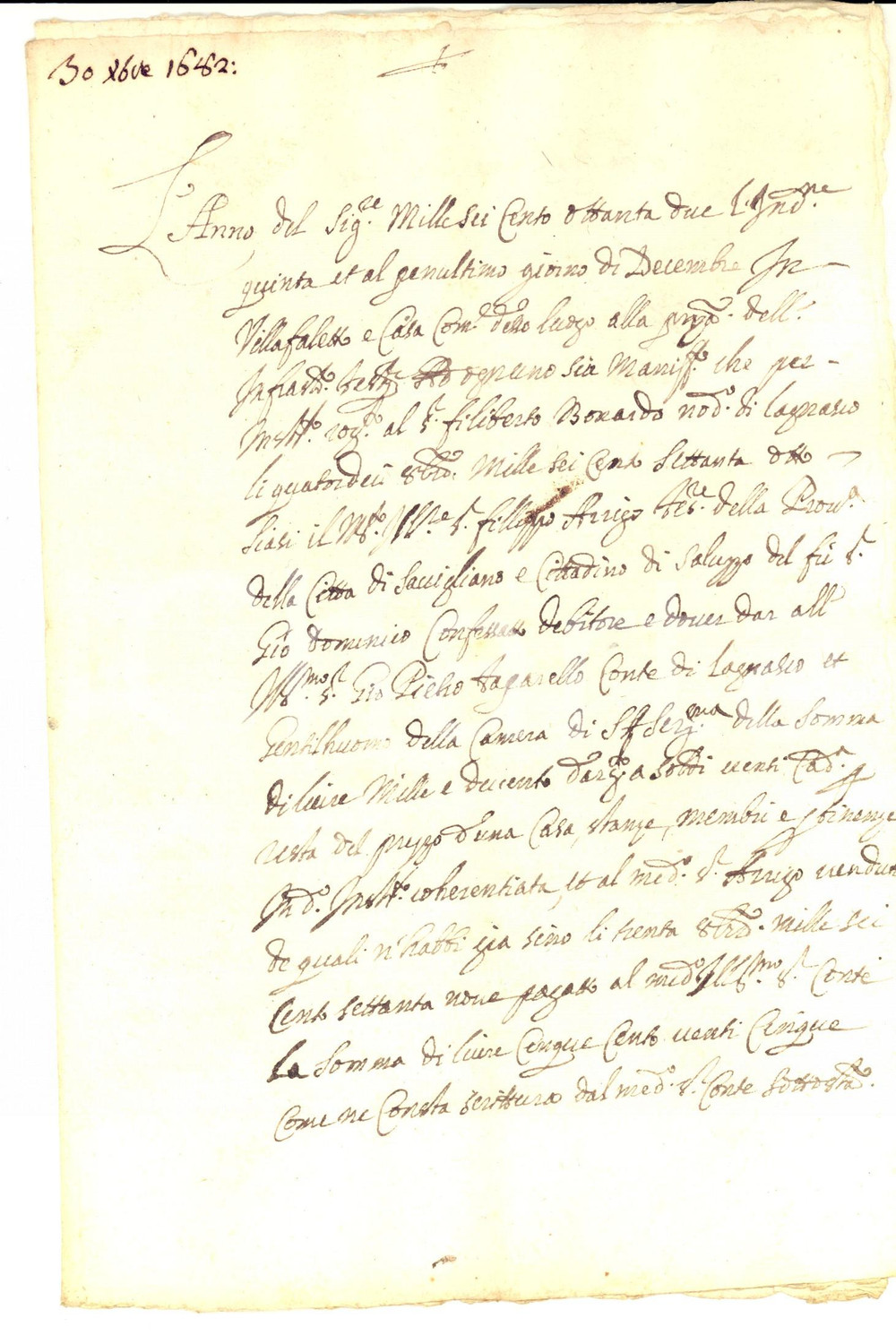 Documento originale, autentico 1682 LAGNASCO Debiti di Filippo ARRIGO verso il conte Giovanni Pietro TAPARELLO 1