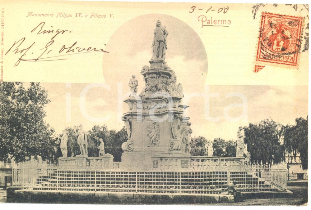 Cartolina originale da collezione 1903 PALERMO Monumento a FILIPPO IV e FILIPPO V *Cartolina FP VG 1