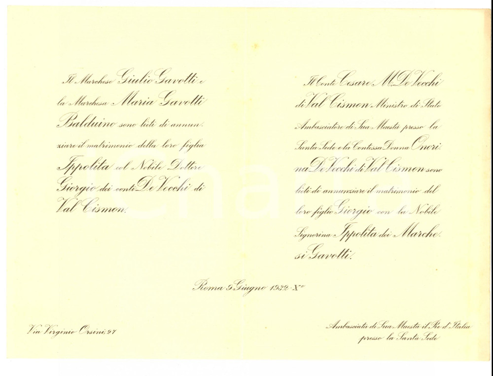 Oggetto da collezione cartaceo 1932 ROMA Nozze Giorgio DE VECCHI DI VAL CISMON e Ippolita GAVOTTI Biglietto 1