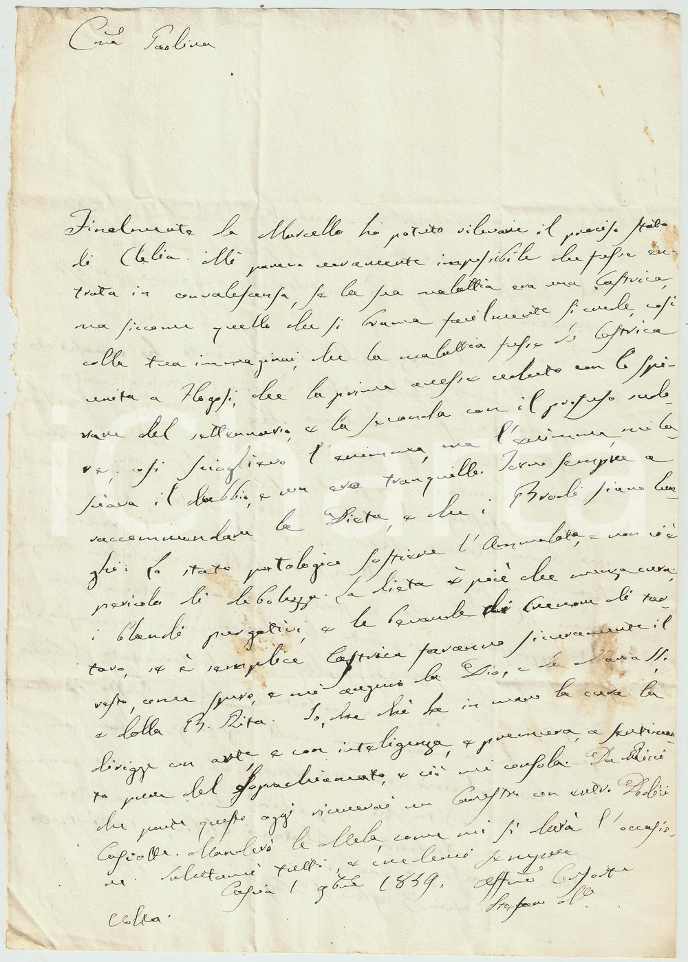 Manoscritto, lettera originale 1859 CASCIA Stefano Maria FRANCESCHINI sulla malattia della figlia Autografo 1