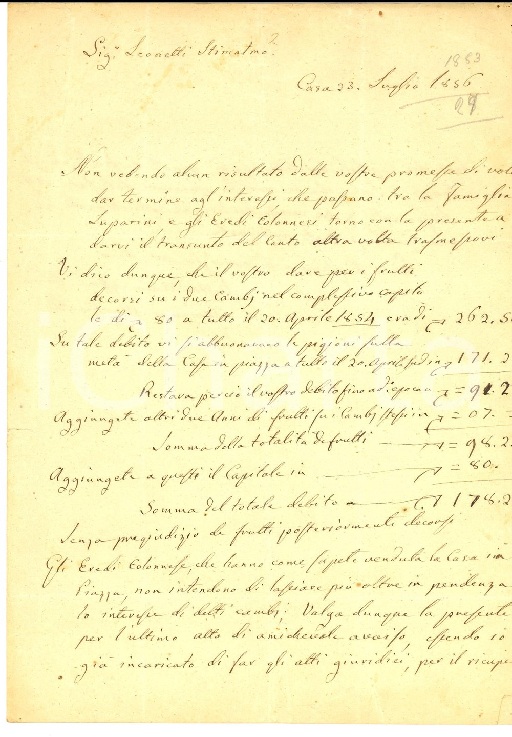 Manoscritto, lettera originale 1856 SPOLETO PG Giovanni MARTINELLI chiede saldo debiti pro eredi COLONNESI 1