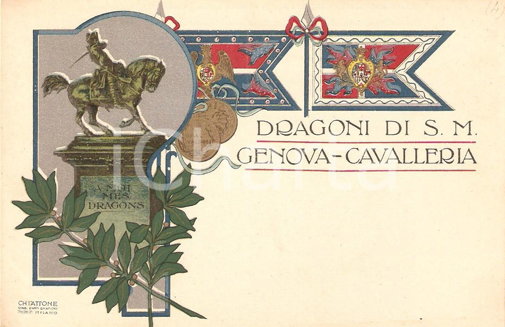 Cartolina originale da collezione 1910 ca GENOVA Cavalleria DRAGONI DI SUA MAESTA  Cartolina ILLUSTRATA 1