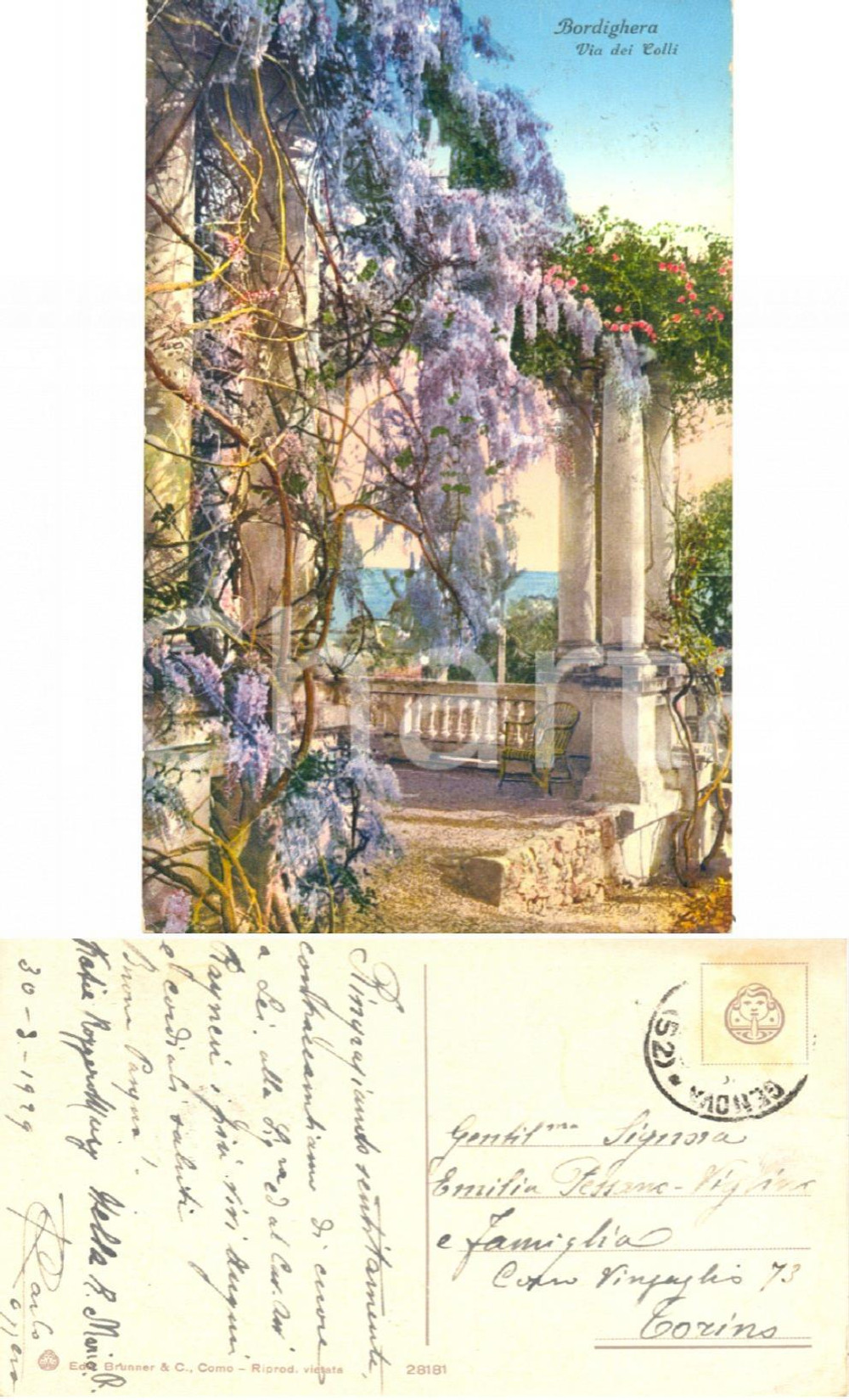 Autografo originale 1929 BORDIGHERA (IM) Via dei Colli *Autografi Carlo ROGGERO e Katie MUSY FP VG 1