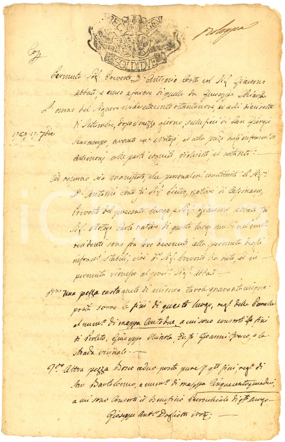 Documento originale, autentico 1789 SAN GIORGIO SCARAMPI AT Permuta Giacomo ABBATE 1