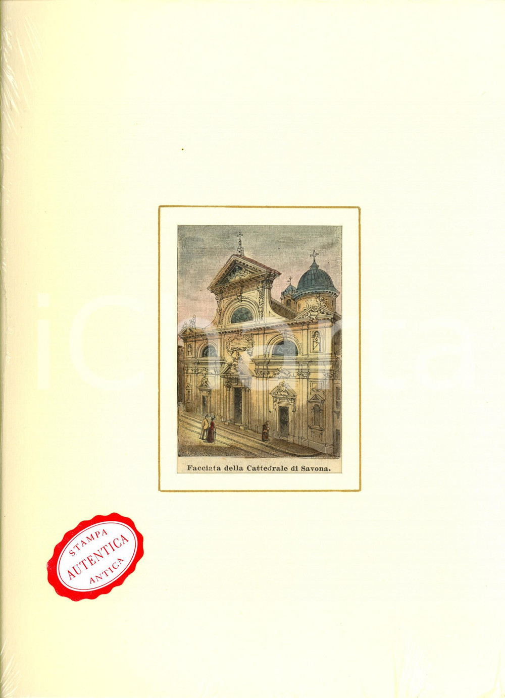 Stampa, bozzetto originale 1900 SAVONA Facciata della cattedrale *Stampa antica LE CENTO CITTA' D'ITALIA 1