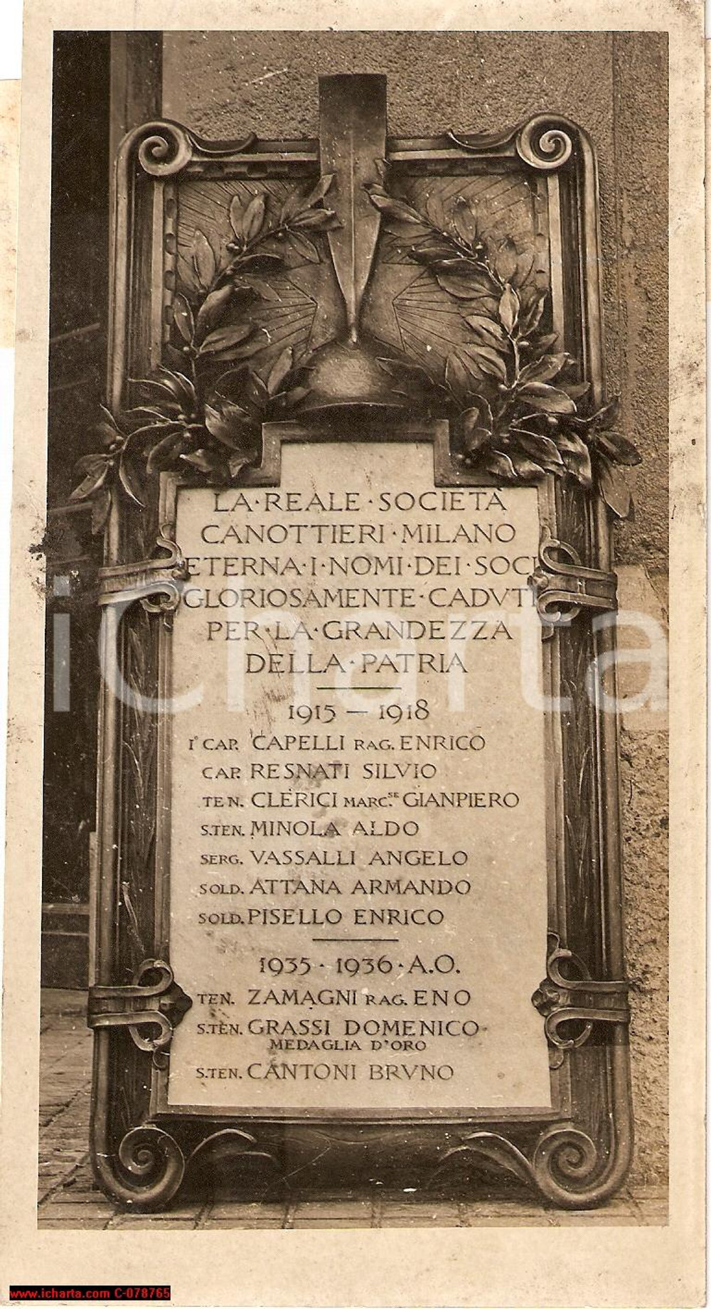 Fotografia d epoca originale 1938 Milano REALE SOCIETA  CANOTTIERI Lapide ai Caduti 1