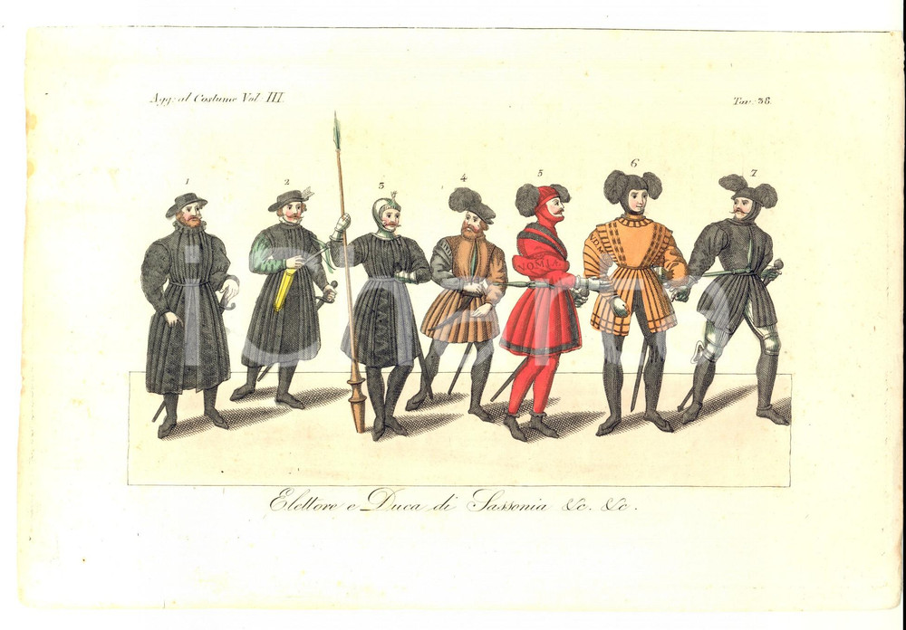 Stampa, bozzetto originale 1837 FERRARIO COSTUME ANTICO Elettore e Duca di Sassonia Stampa COLORATA A MANO 1