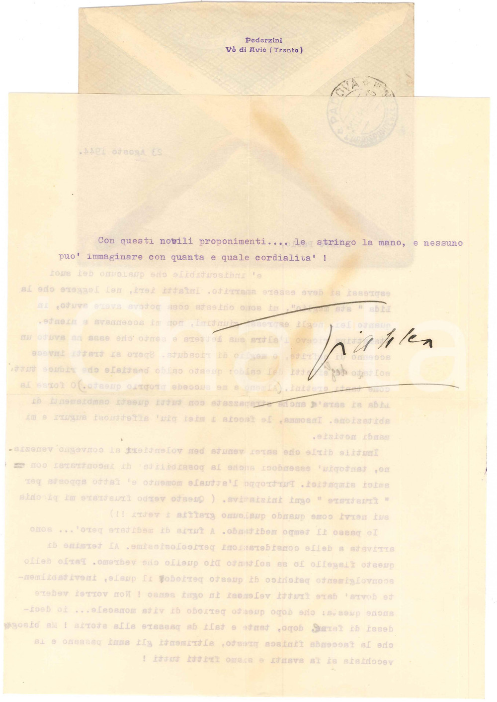 Autografo originale 1944 VÃ’ DI AVIO TN Soprano Gianna PEDERZINI  Timori sul dopoguerra AUTOGRAFO 1
