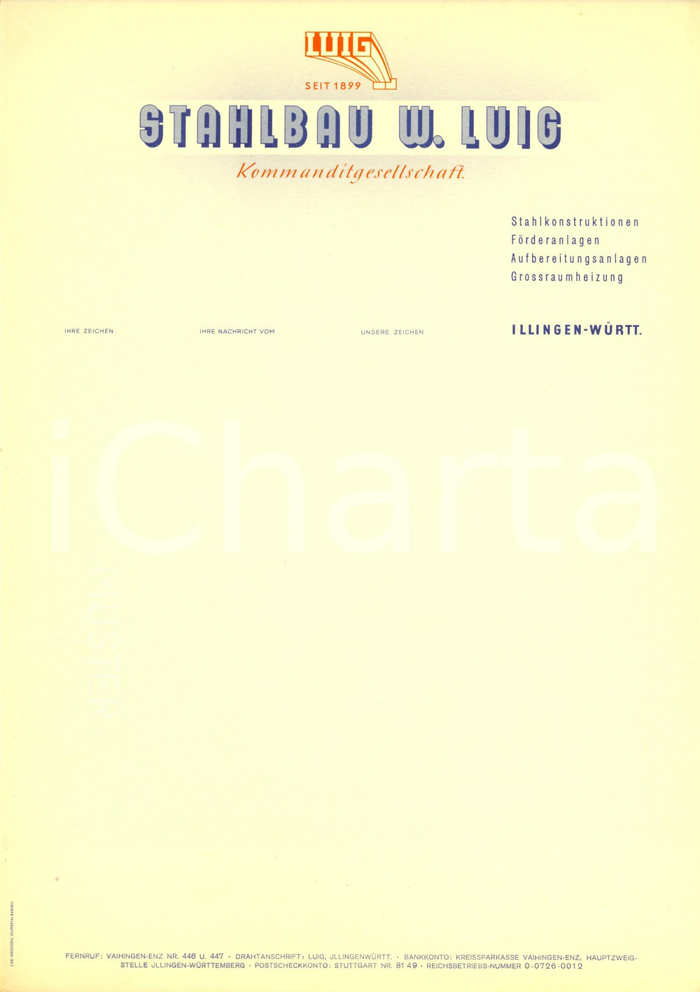 Materiale pubblicitario d’epoca 1950 ca ILLINGEN D Stahlblau W. LUIG Kommanditgesellschaft Carta intestata 1