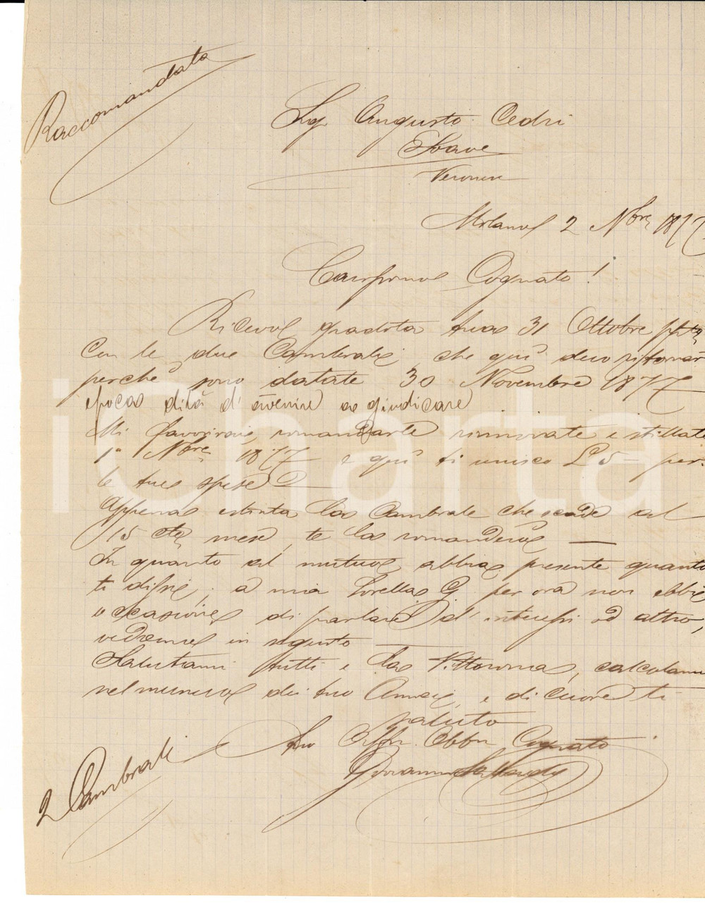 Manoscritto, lettera originale 1877 MILANO Giovanni SALVANETTI al cognato Augusto CEDRI Lettera d affari 1