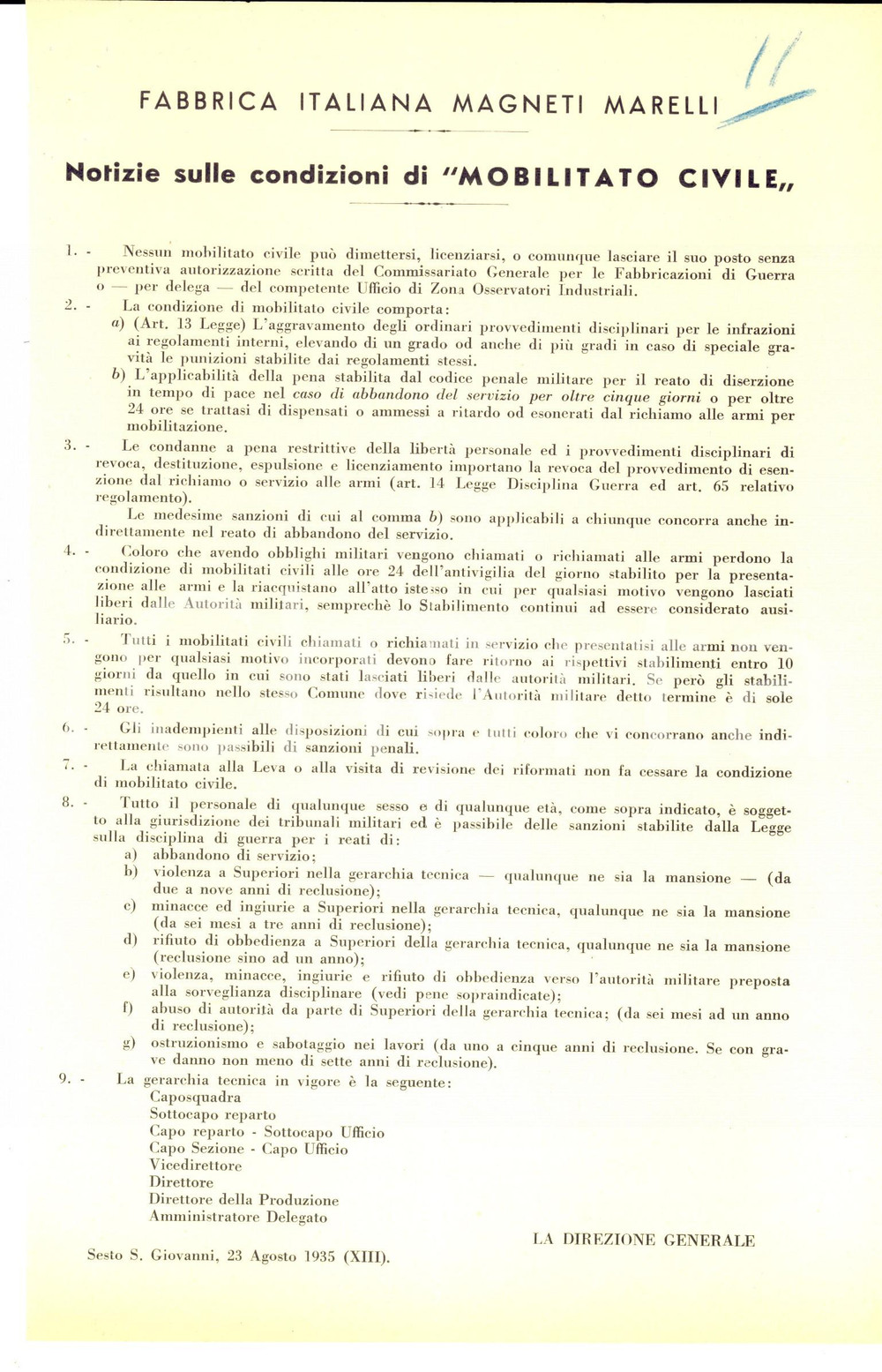 Documento originale, autentico 1935 SESTO SAN GIOVANNI Fabbrica MAGNETI MARELLI Notizie sul mobilitato civile 1