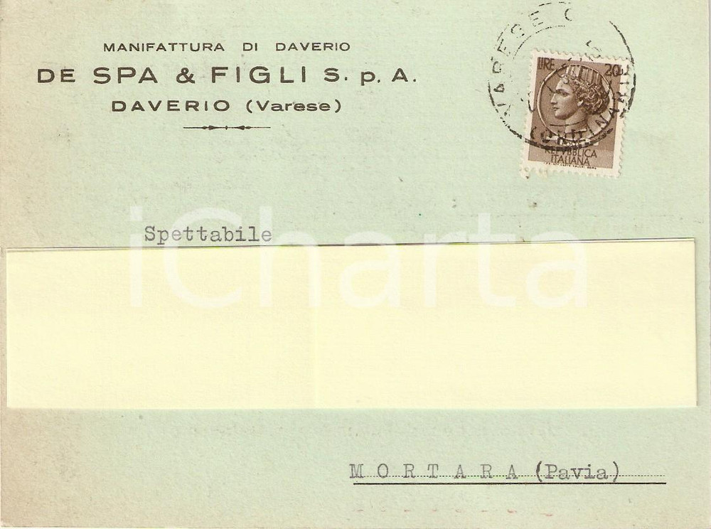 Cartolina originale da collezione 1955 DAVERIO (VA) Manifattura DE SPA E FIGLI *Cartolina Commerciale 1