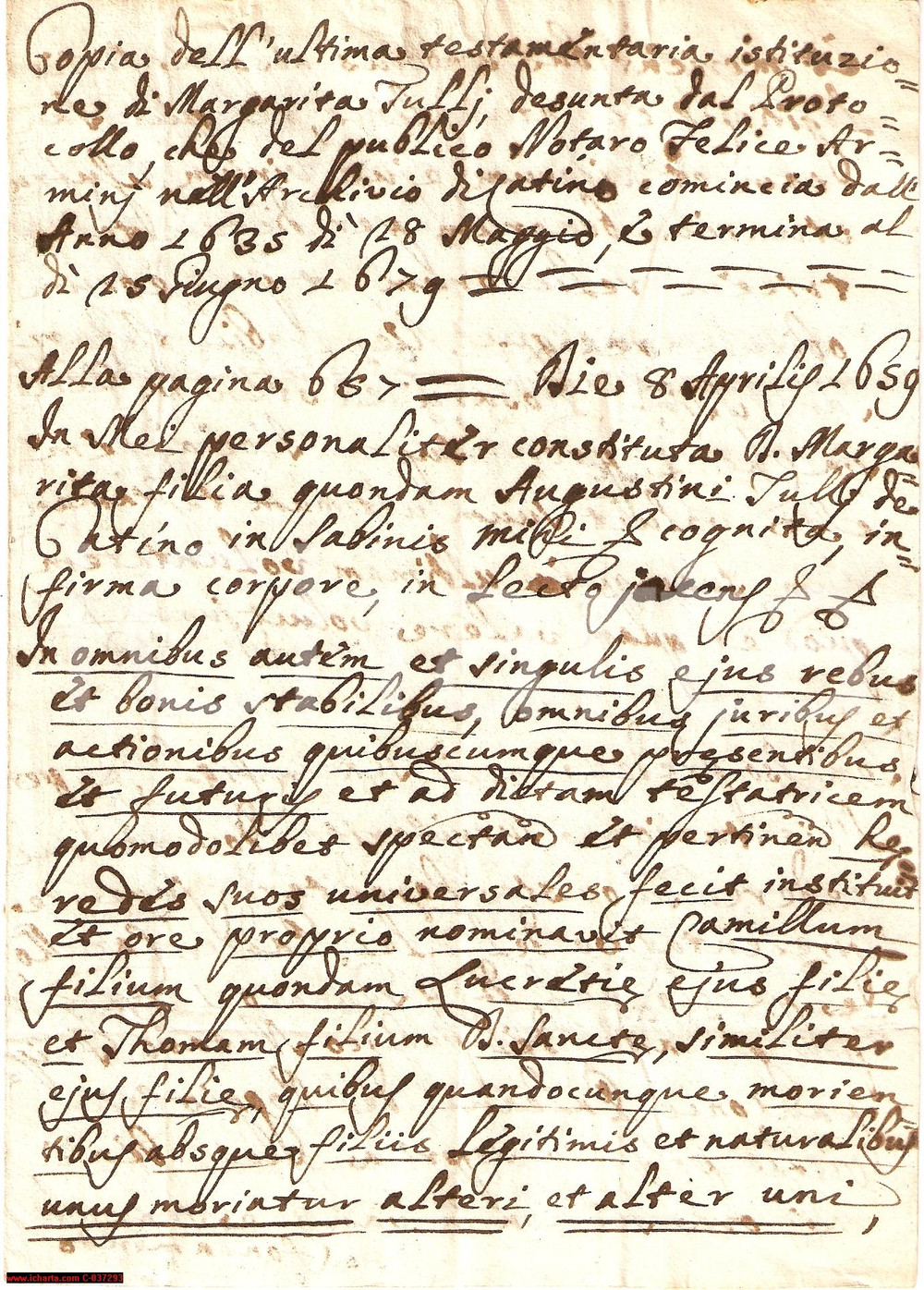 Documento originale, autentico 1679 POGGIO CATINO (RI) Lite tra eredi Margherita TULLI 1