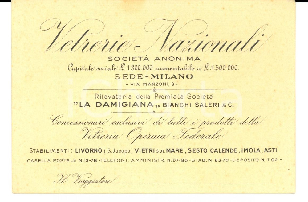 Oggetto da collezione cartaceo 1920 ca MILANO Biglietto VETRERIE NAZIONALI rilevatari LA DAMIGIANA 1