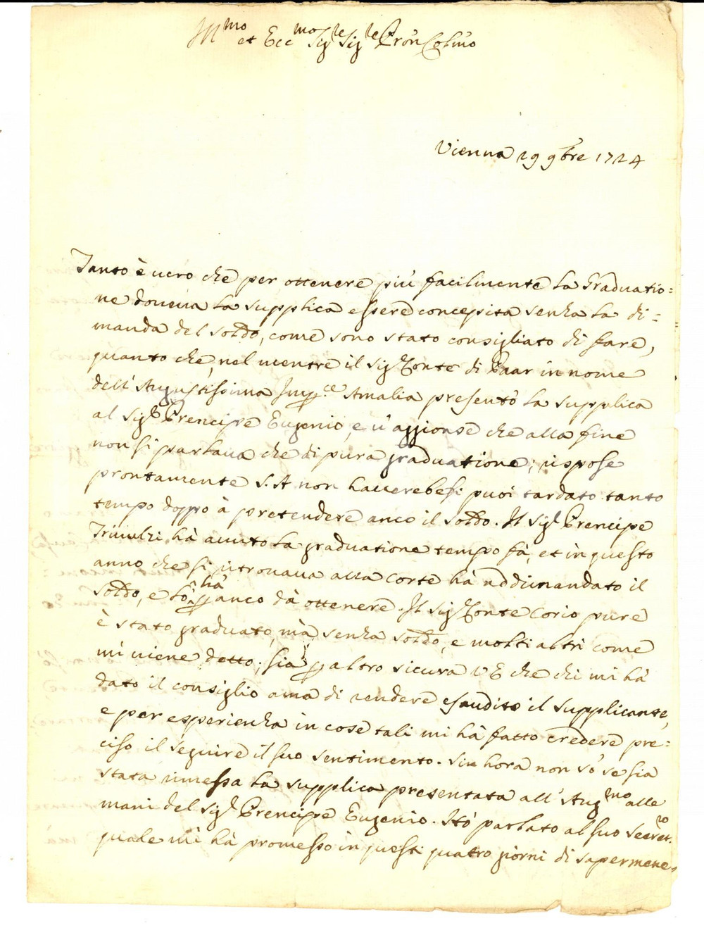 Manoscritto, lettera originale 1724 VIENNA Supplica al Principe Eugenio per graduazione del Marchese di LANZO 1